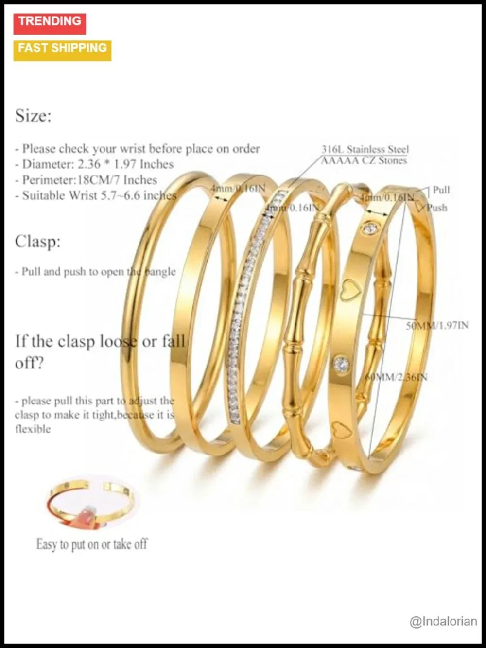 18K Gold Plated Bangle Bracelets Waterproof Stackable Stainless Steel Set